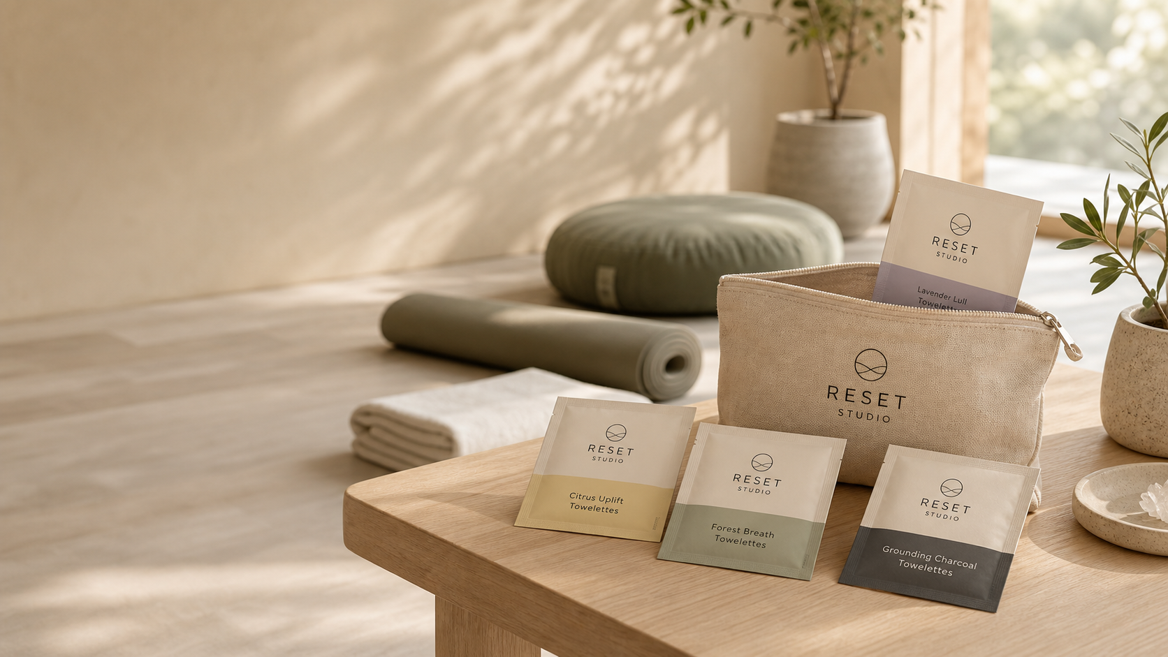 A single Reset Studio sachet on warm linen with lavender